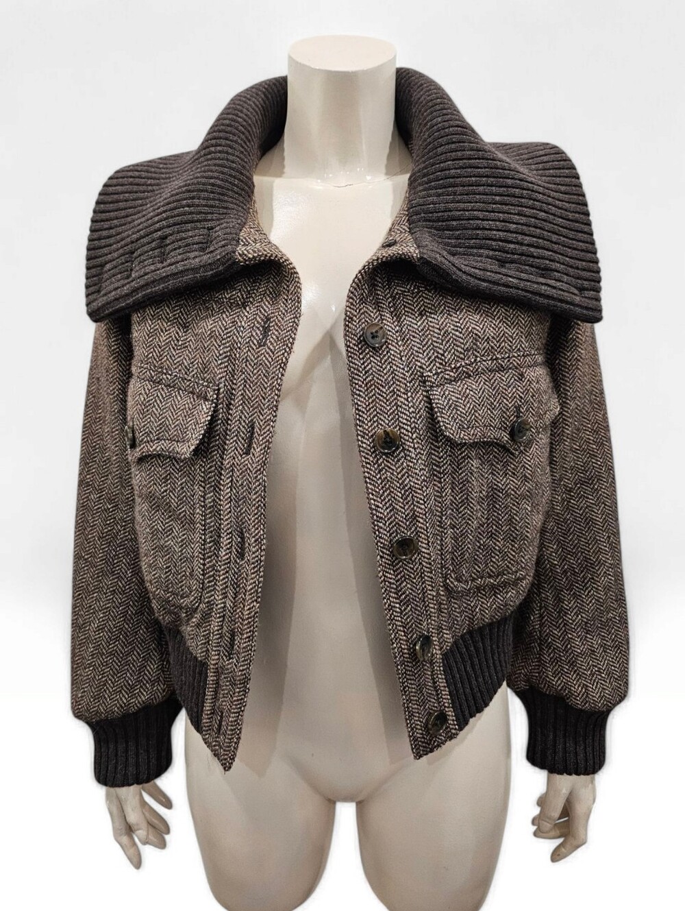 BANANA REPUBLIC Women Ava Tweed Brown Herringbone Wool Blend Bomber Jacket XS - Picture 6 of 9